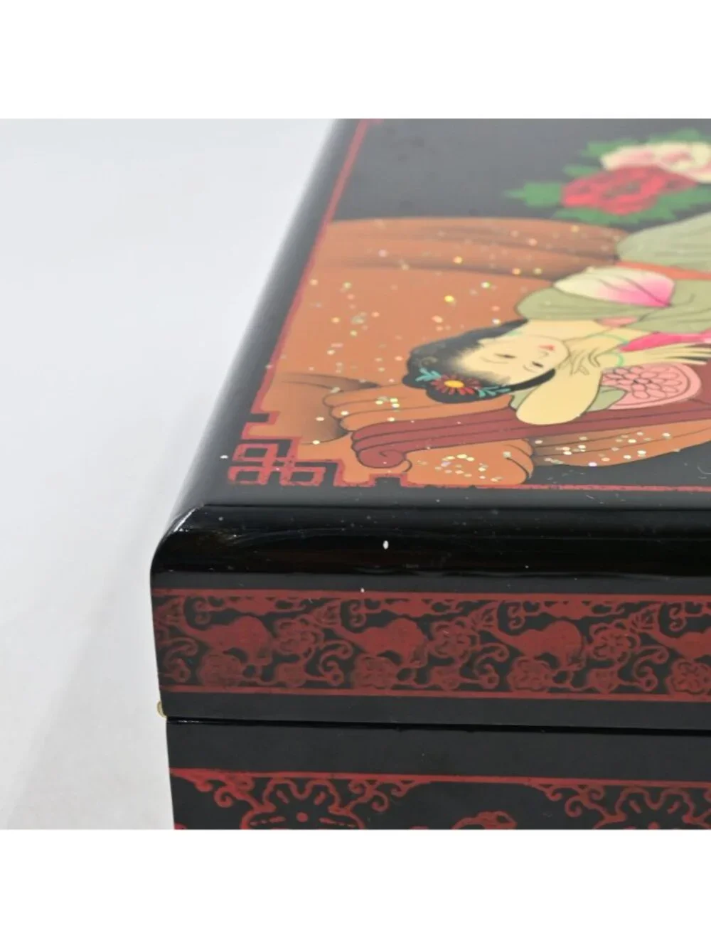 Chinese Black Lacquer Jewelry Box Vintage Hand Painted Reclining Lady Mirror